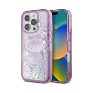 Coque iPhone 16 Pro Max Hello Kitty Liquid Glitter 50TH Anniversary Party violette