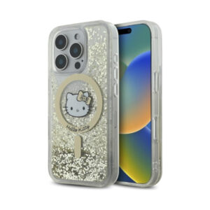 Coque iPhone 16 Pro Max Hello Kitty Liquid Glitter Fever MagSafe blanche et dorée