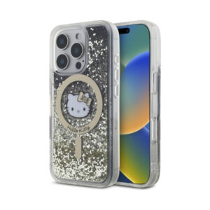 Coque iPhone 16 Pro Max Hello Kitty Liquid Glitter Fever MagSafe noire et dorée