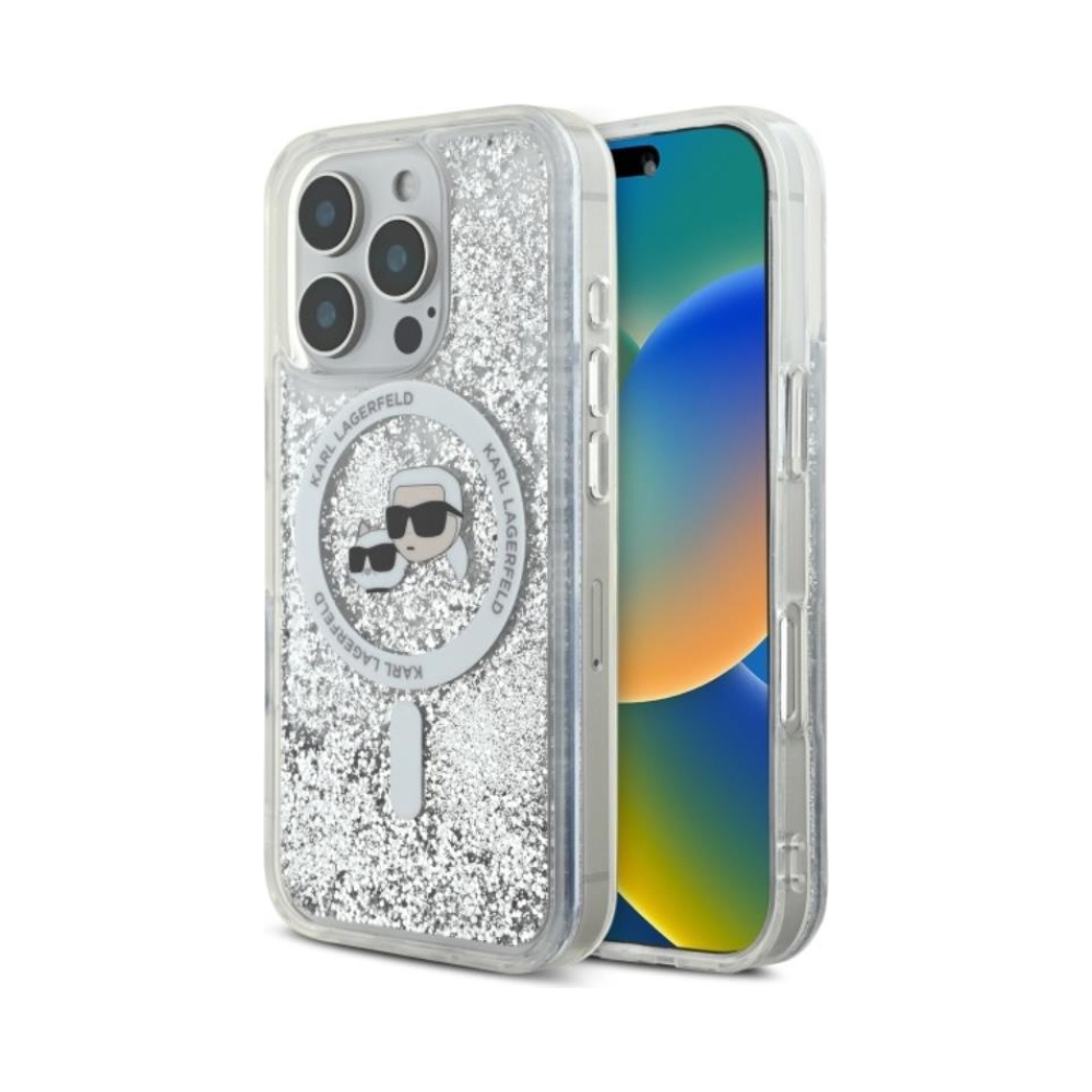 Coque iPhone 16 Pro Max Karl Lagerfeld Liquid Glitter Karl & Choupette Head MagSafe transparente