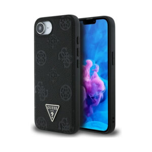 Coque iPhone 16e Guess Grained Hot Stamp Peony Triangle Logo MagSafe noire