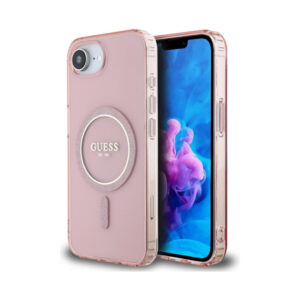 Coque iPhone 16e Guess IML Glitter Circle MagSafe rose