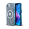 Coque iPhone 16e Guess IML Metal Glitter 4G Circle Triangle MagSafe bleue