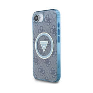 Coque iPhone 16e Guess IML Metal Glitter 4G Circle Triangle MagSafe bleue — visuel 2