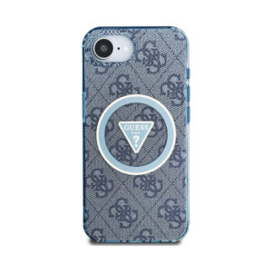Coque iPhone 16e Guess IML Metal Glitter 4G Circle Triangle MagSafe bleue — visuel 3