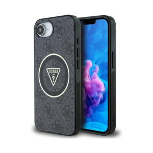Coque iPhone 16e Guess IML Metal Glitter 4G Circle Triangle MagSafe noire