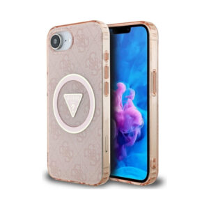 Coque iPhone 16e Guess IML Metal Glitter 4G Circle Triangle MagSafe rose