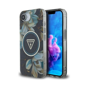 Coque iPhone 16e Guess IML Metal Glitter Flowers Triangle MagSafe noire