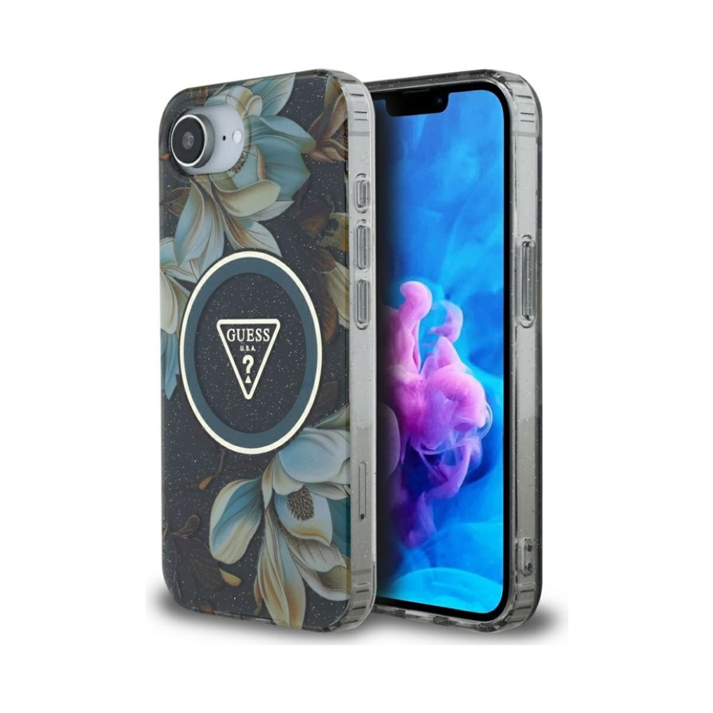 Coque iPhone 16e Guess IML Metal Glitter Flowers Triangle MagSafe noire