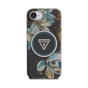 Coque iPhone 16e Guess IML Metal Glitter Flowers Triangle MagSafe noire — visuel 3