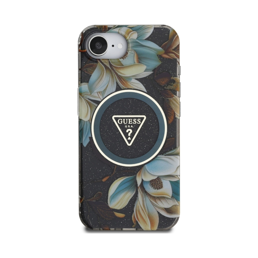 Coque iPhone 16e Guess IML Metal Glitter Flowers Triangle MagSafe noire — visuel 3