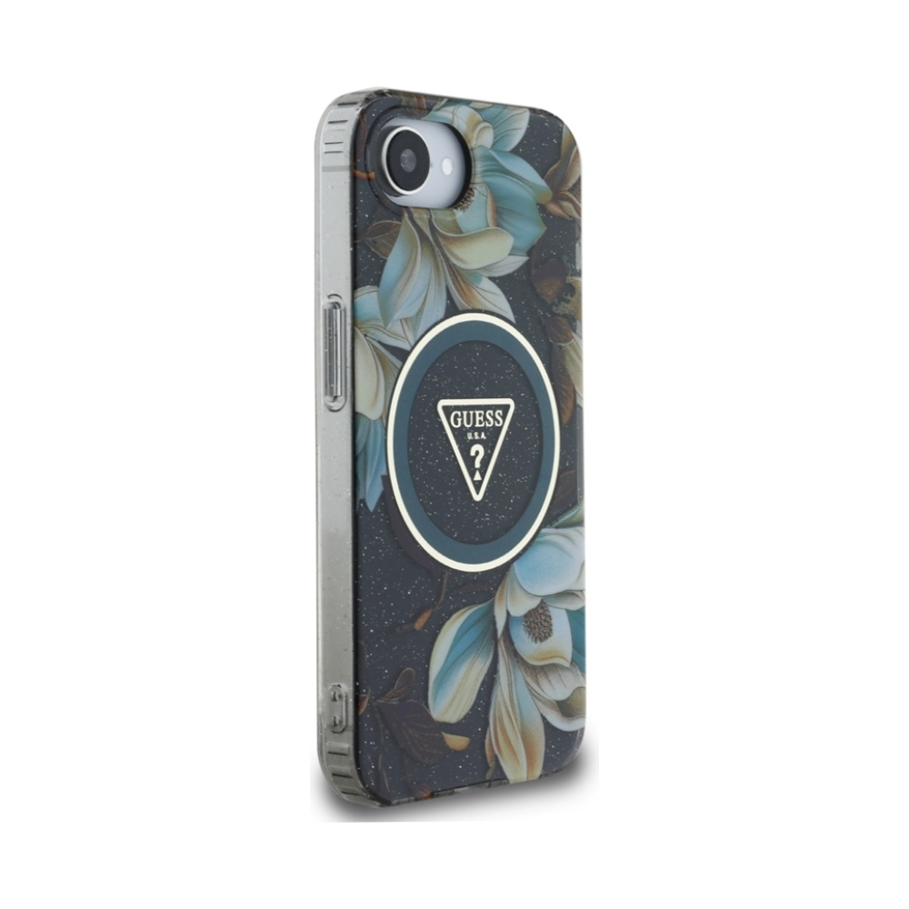 Coque iPhone 16e Guess IML Metal Glitter Flowers Triangle MagSafe noire — visuel 4