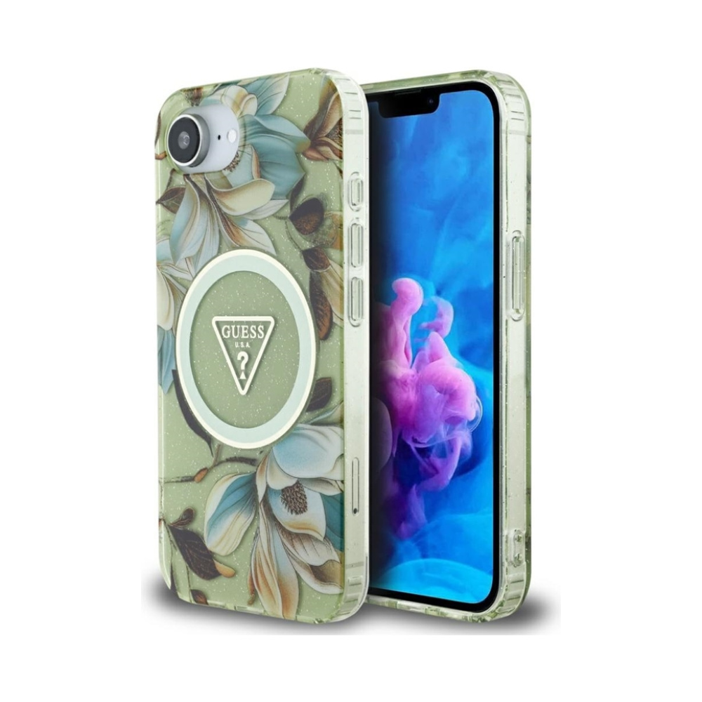 Coque iPhone 16e Guess IML Metal Glitter Flowers Triangle MagSafe verte