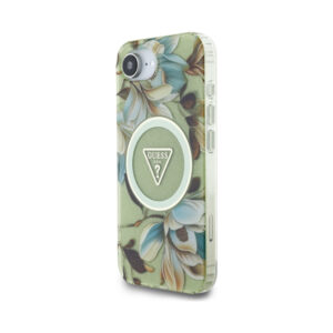 Coque iPhone 16e Guess IML Metal Glitter Flowers Triangle MagSafe verte — visuel 2