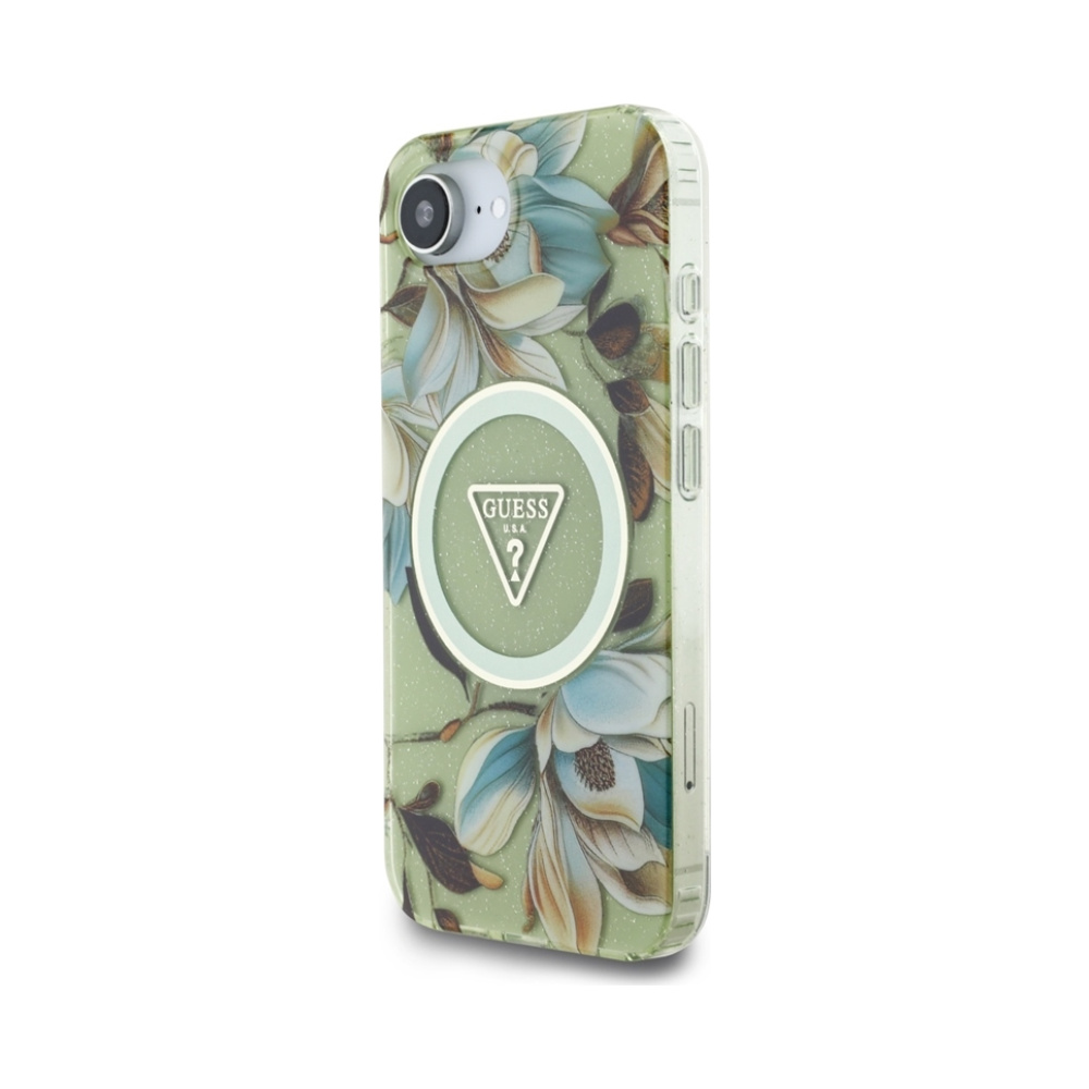 Coque iPhone 16e Guess IML Metal Glitter Flowers Triangle MagSafe verte — visuel 2