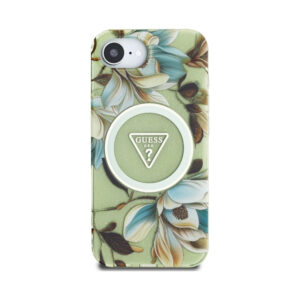 Coque iPhone 16e Guess IML Metal Glitter Flowers Triangle MagSafe verte — visuel 3