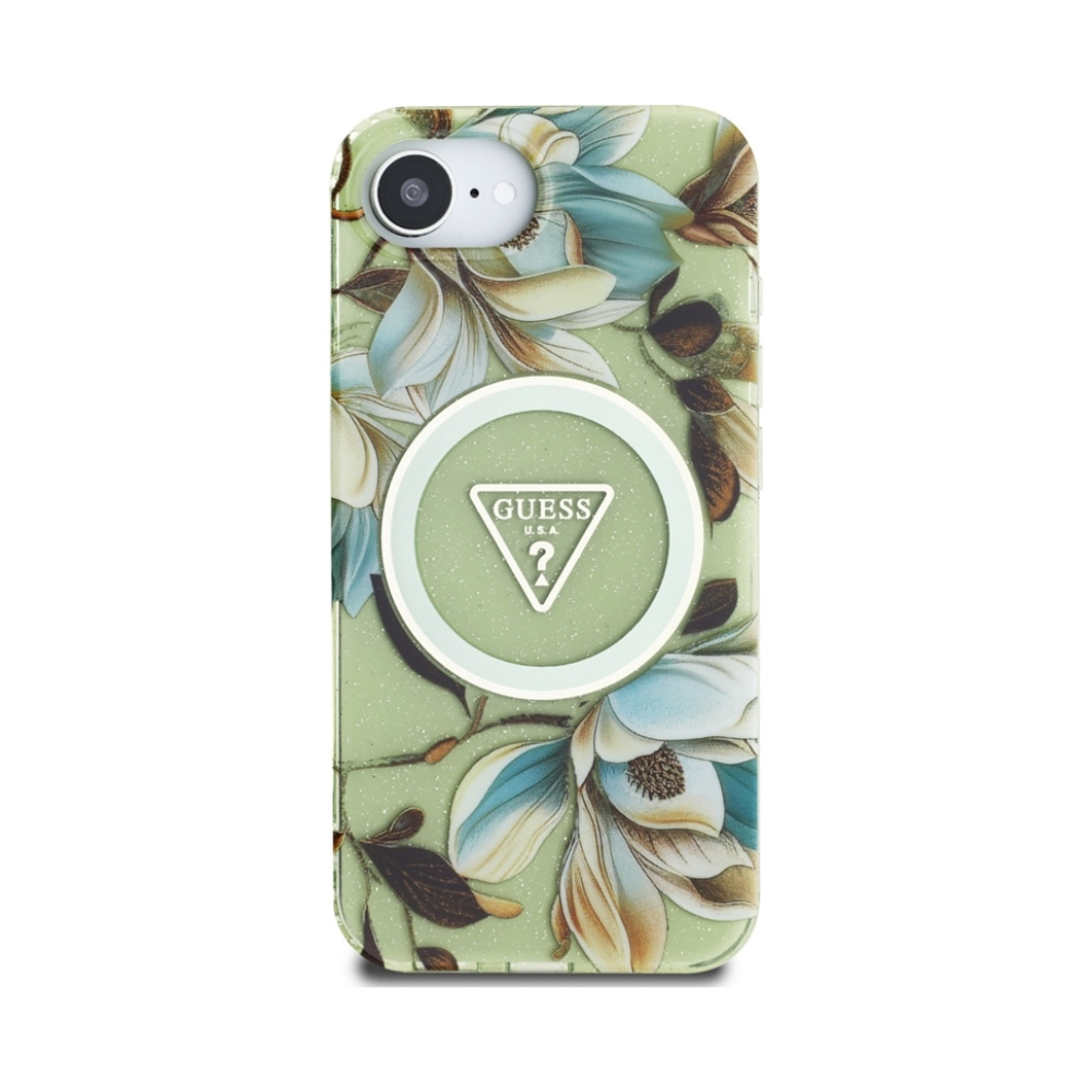 Coque iPhone 16e Guess IML Metal Glitter Flowers Triangle MagSafe verte — visuel 3