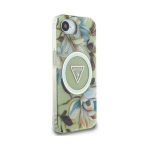 Coque iPhone 16e Guess IML Metal Glitter Flowers Triangle MagSafe verte — visuel 4