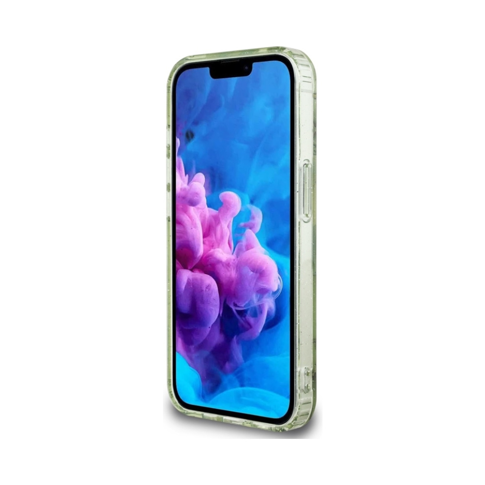 Coque iPhone 16e Guess IML Metal Glitter Flowers Triangle MagSafe verte — visuel 5