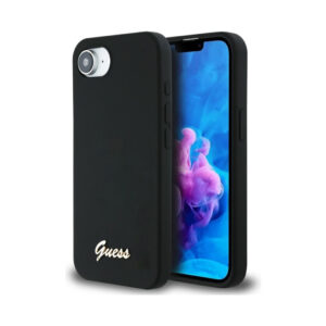 Coque iPhone 16e Guess Silicone Script Metal Logo MagSafe noire