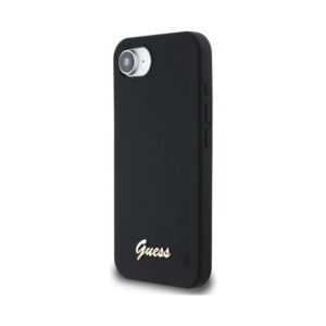 Coque iPhone 16e Guess Silicone Script Metal Logo MagSafe noire — visuel 2
