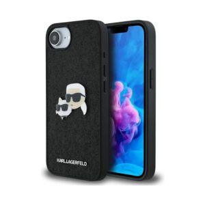 Coque iPhone 16e Karl Lagerfeld Fixed Glitter Karl & Choupette Heads Metal Pin noire