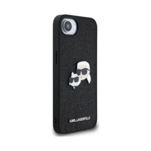 Coque iPhone 16e Karl Lagerfeld Fixed Glitter Karl & Choupette Heads Metal Pin noire — visuel 4