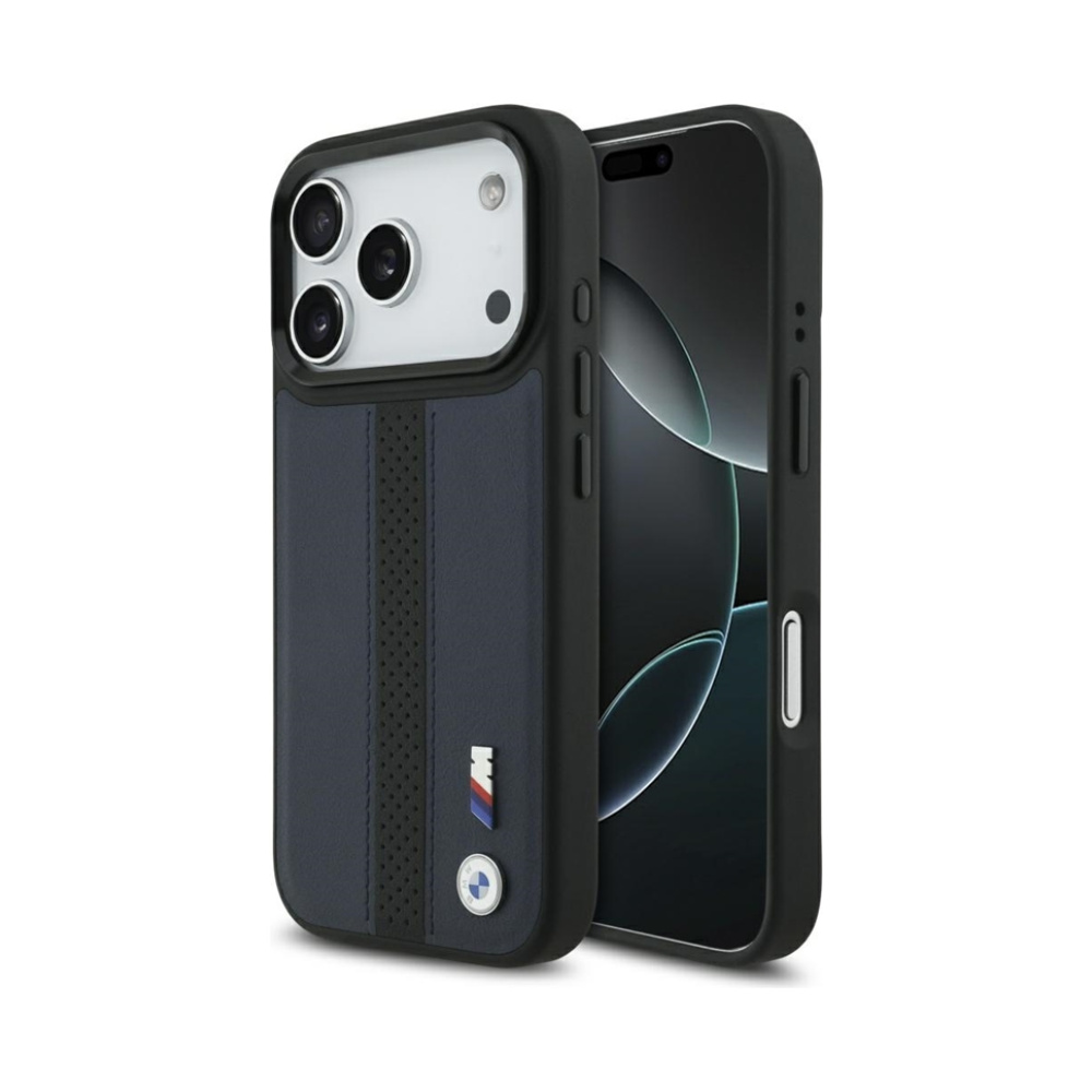 Coque iPhone 17 Pro BMW M Perforated Stripe Logo MagSafe bleu marine