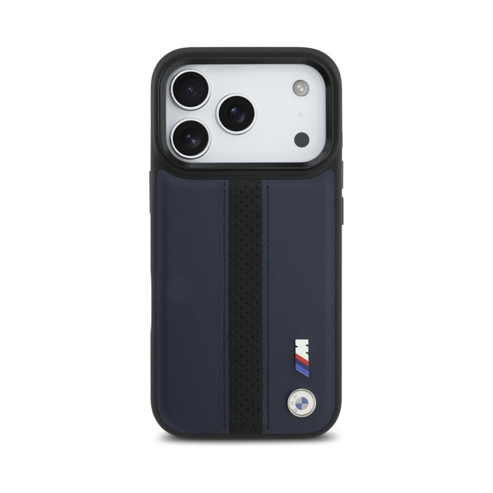 Coque iPhone 17 Pro BMW M Perforated Stripe Logo MagSafe bleu marine — visuel 3
