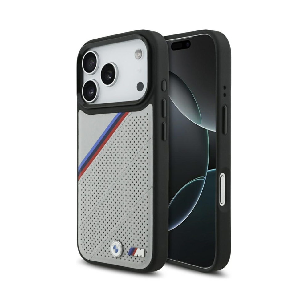 Coque iPhone 17 Pro BMW M Tricolor Metal Logo MagSafe grise