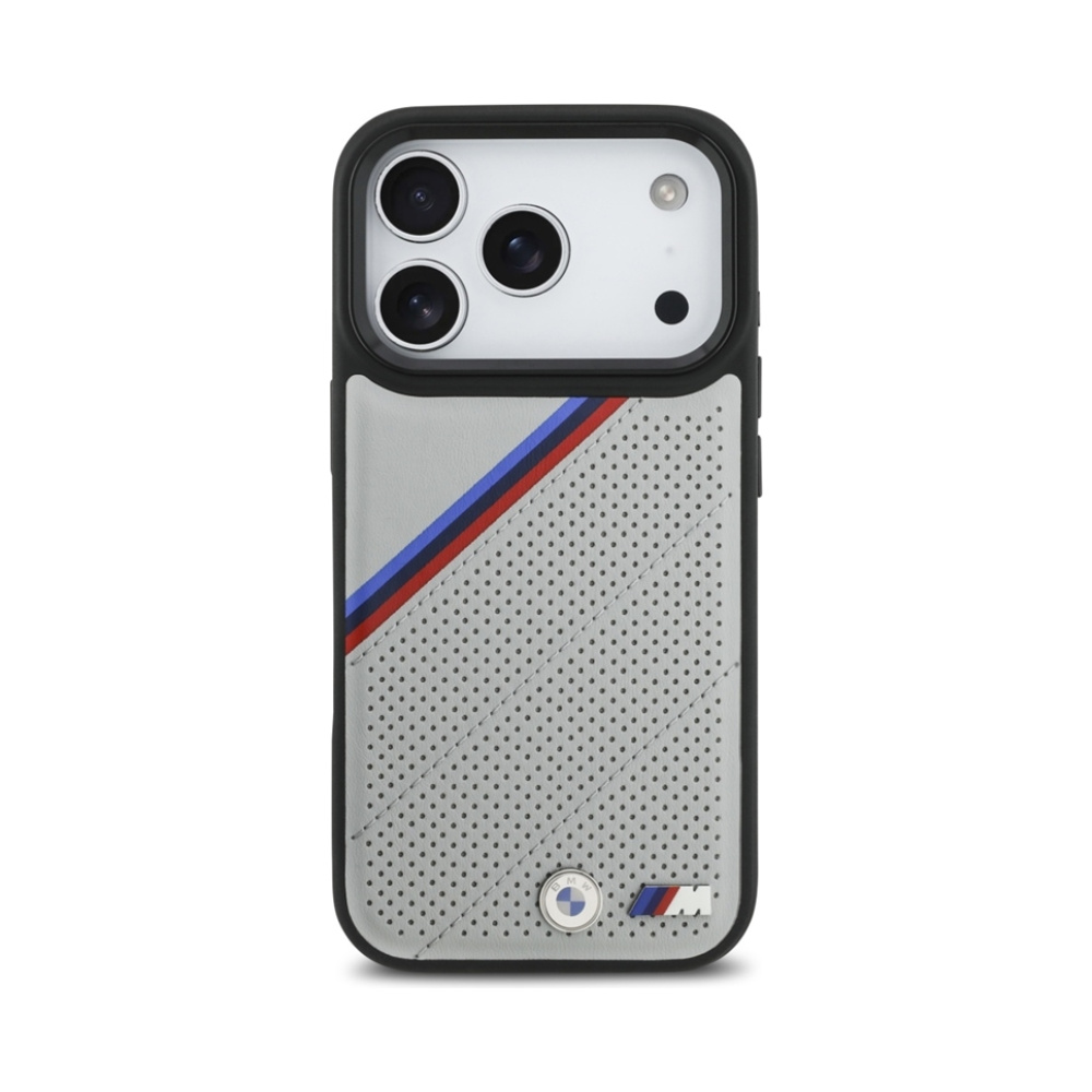 Coque iPhone 17 Pro BMW M Tricolor Metal Logo MagSafe grise — visuel 3