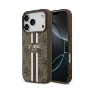 Coque iPhone 17 Pro Guess 4G Printed Stripes MagSafe brune