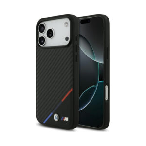 Coque iPhone 17 Pro Max BMW M Carbon Tricolor Line MagSafe noire