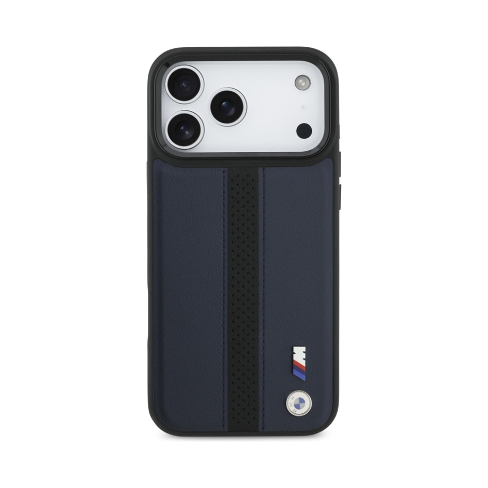 Coque iPhone 17 Pro Max BMW M Perforated Stripe Logo MagSafe bleu marine — visuel 3