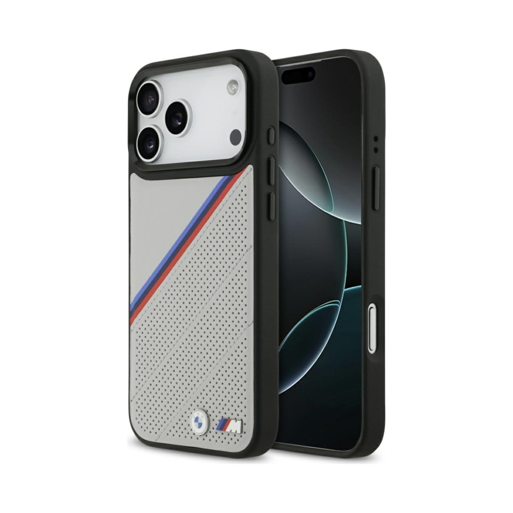 Coque iPhone 17 Pro Max BMW M Tricolor Metal Logo MagSafe grise