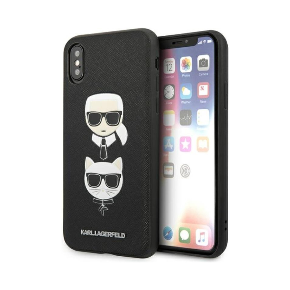 Coque iPhone Xs Karl Lagerfeld Saffiano Karl & Choupette Heads noire
